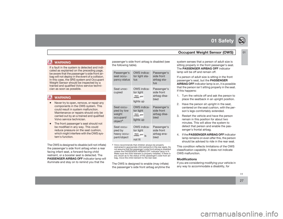 VOLVO C30 2009  Owner´s Manual 01 Safety
Occupant Weight Sensor (OWS)
01�`�`27
WARNING
If a fault in the system is detected and indi-
cated as explained on the preceding page,
be aware that the passenger's side front air-
bag w