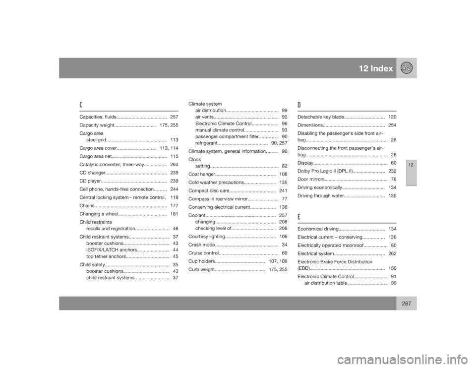 VOLVO C30 2009  Owner´s Manual 12 Index
12
267
CCapacities, fluids..................................... 257
Capacity weight............................... 175, 255
Cargo area
steel grid............................................. 