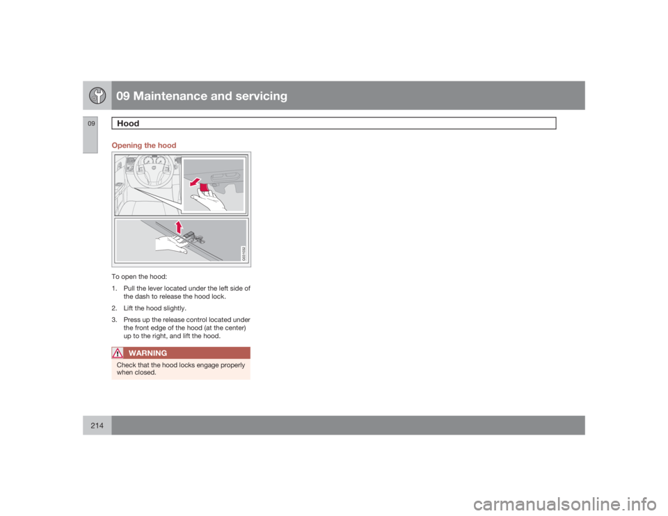 VOLVO S40 2009 Owner´s Manual 09 Maintenance and servicingHood
09214
Opening the hood
G031032
To open the hood:
1. Pull the lever located under the left side of
the dash to release the hood lock.
2. Lift the hood slightly.
3. Pres VOLVO S40 2009 Owner´s Manual 09 Maintenance and servicingHood
09214
Opening the hood
G031032
To open the hood:
1. Pull the lever located under the left side of
the dash to release the hood lock.
2. Lift the hood slightly.
3. Pres