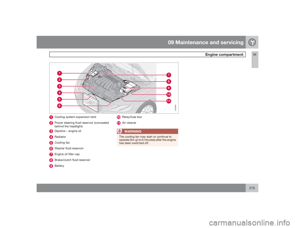 VOLVO S40 2009  Owner´s Manual 09 Maintenance and servicing
Engine compartment
09
215
G026456
Cooling system expansion tankPower steering fluid reservoir (concealed
behind the headlight)Dipstick – engine oilRadiatorCooling fanWas