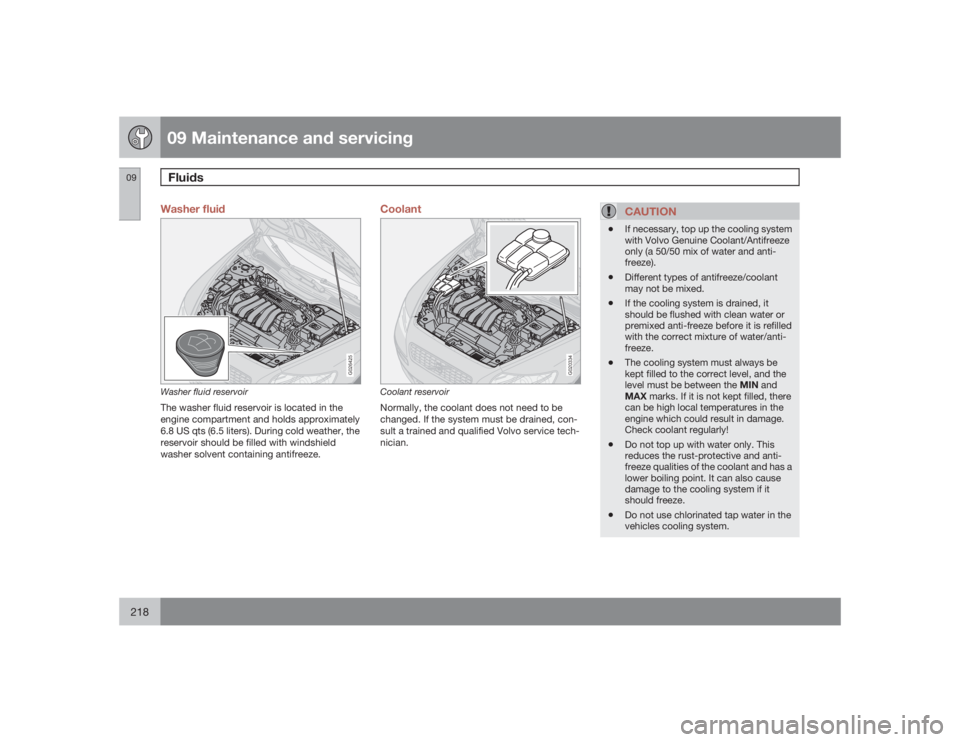 VOLVO S40 2009  Owner´s Manual 09 Maintenance and servicingFluids
09218
Washer fluid
G026425
Washer fluid reservoirThe washer fluid reservoir is located in the
engine compartment and holds approximately
6.8 US qts (6.5 liters). Dur