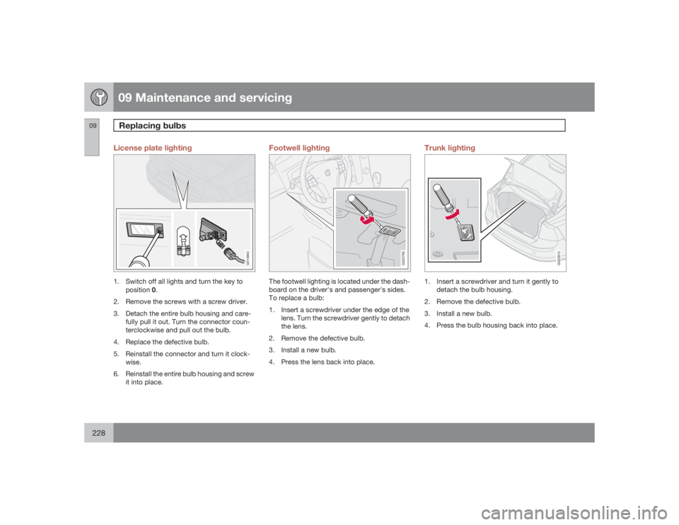 VOLVO S40 2009  Owner´s Manual 09 Maintenance and servicingReplacing bulbs
09228
License plate lighting
G014843
1. Switch off all lights and turn the key to
position0.
2. Remove the screws with a screw driver.
3. Detach the entire 