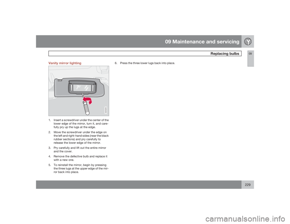VOLVO S40 2009  Owner´s Manual 09 Maintenance and servicing
Replacing bulbs
09
229 Vanity mirror lighting
G020253
1. Insert a screwdriver under the center of the
lower edge of the mirror, turn it, and care-
fully pry up the lugs at