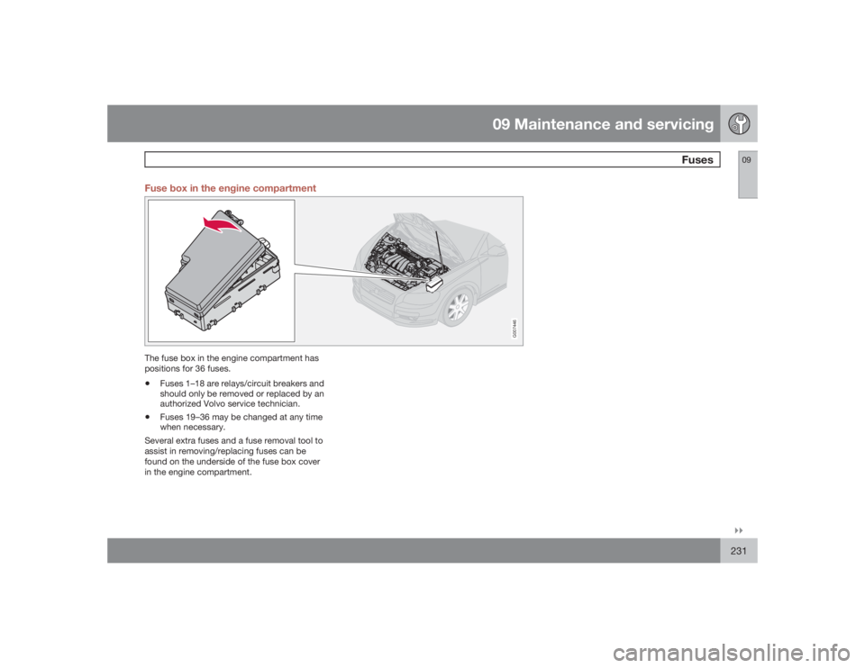 VOLVO S40 2009  Owner´s Manual 09 Maintenance and servicing
Fuses
09�`�`231 Fuse box in the engine compartment
G007446
The fuse box in the engine compartment has
positions for 36 fuses.•
Fuses 1–18 are relays/circuit breakers a