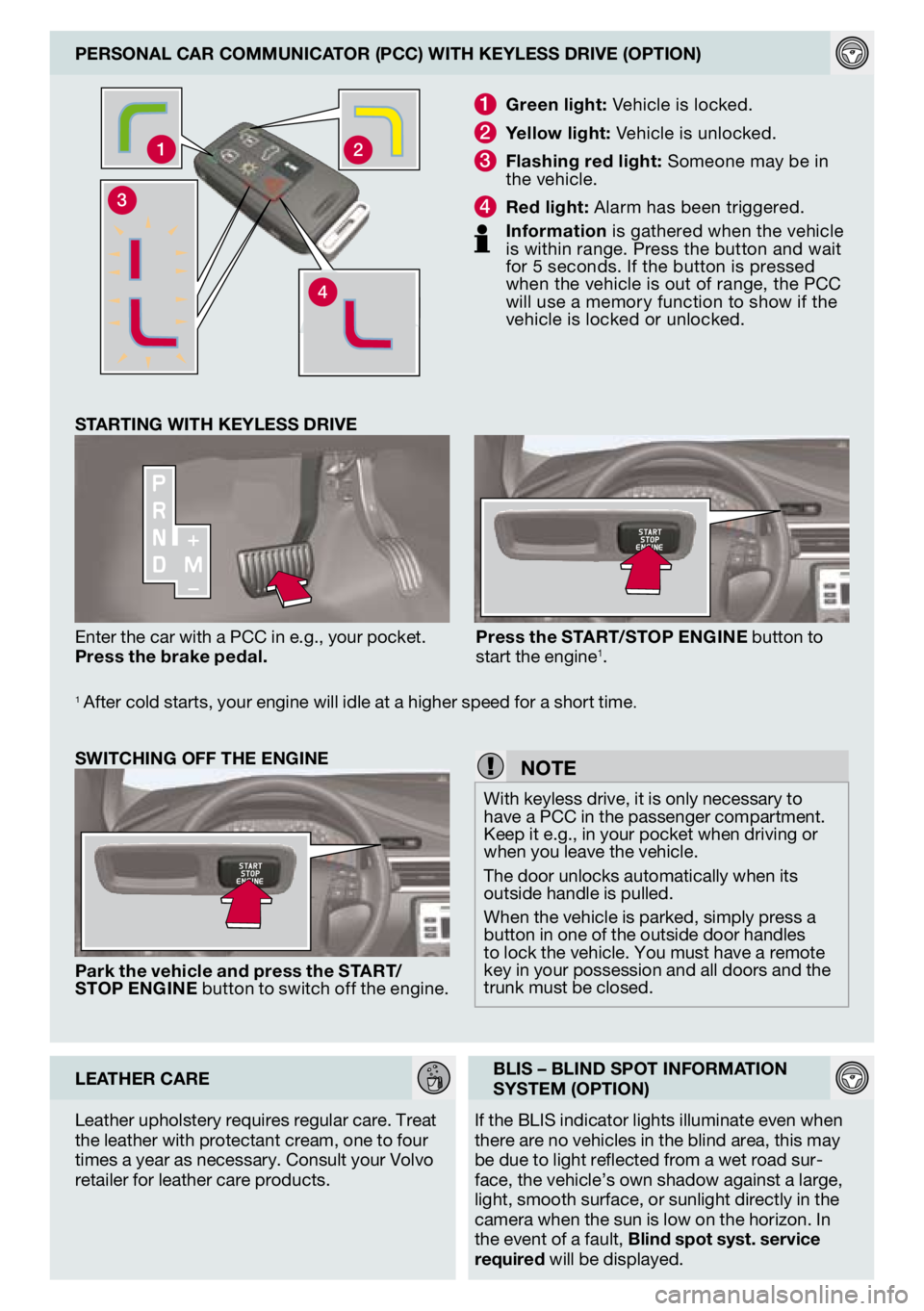 VOLVO S80 2009  Quick Guide 
 
12
3
4
PERsONAL CAR COMMUNiCATOR (PCC) wiTh KEYLEss dRivE (OPTiON)
1 g reen light: Vehicle is locked.
2 Yellow light: Vehicle is unlocked.
3 f lashing red light: Someone may be in the vehicle. 
4 R