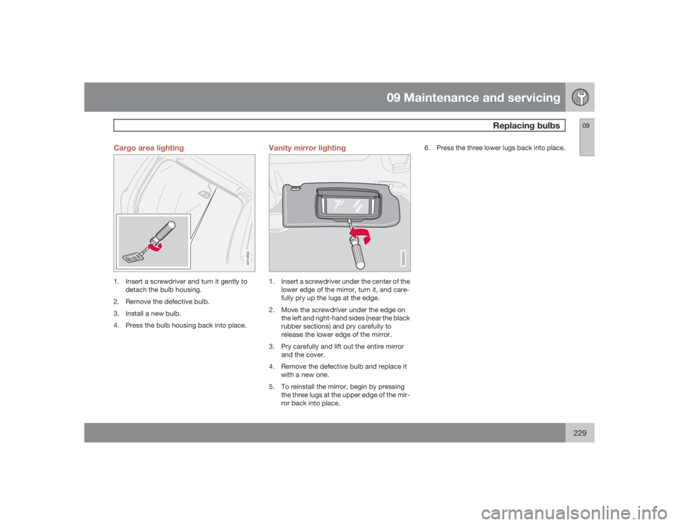 VOLVO V50 2009  Owner´s Manual 09 Maintenance and servicing
Replacing bulbs
09
229 Cargo area lighting
G014852
1. Insert a screwdriver and turn it gently to
detach the bulb housing.
2. Remove the defective bulb.
3. Install a new bu