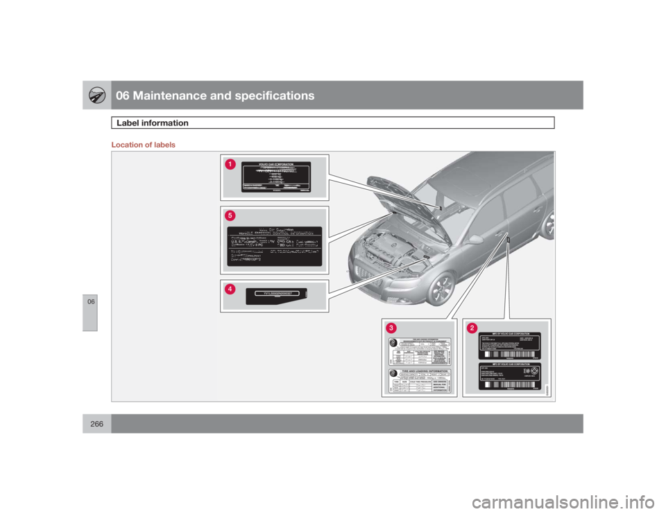 VOLVO V70 2009  Owner´s Manual 06 Maintenance and specificationsLabel information
06266
Location of labels
G032551 