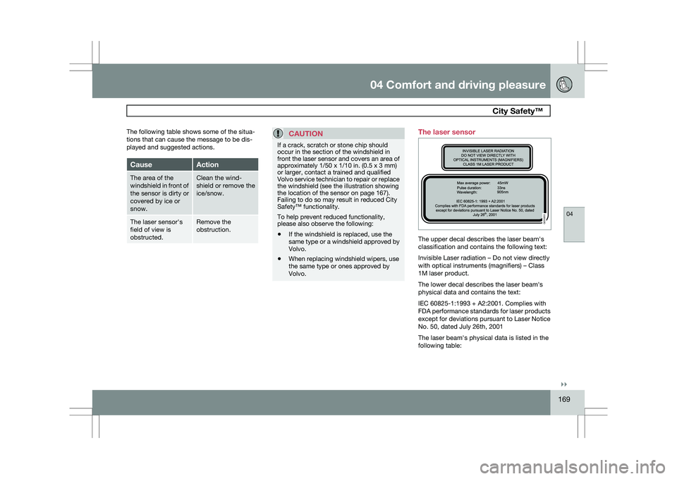VOLVO XC60 2009 Owner´s Manual 04 Comfort and driving pleasure
City Safety™ 04
}}
169
The following table shows some of the situa-
tions that can cause the message to be dis-
played and suggested actions.
Cause Action
The area o VOLVO XC60 2009 Owner´s Manual 04 Comfort and driving pleasure
City Safety™ 04
}}
169
The following table shows some of the situa-
tions that can cause the message to be dis-
played and suggested actions.
Cause Action
The area o