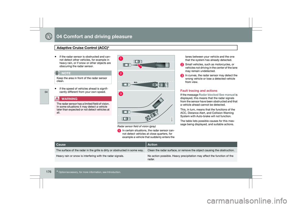 VOLVO XC60 2009 Owner´s Manual 04 Comfort and driving pleasureAdaptive Cruise Control (ACC)* 04
176
* Option/accessory, for more information, see Introduction.
\b
if the radar sensor is obstructed and can-
not detect other vehicle VOLVO XC60 2009 Owner´s Manual 04 Comfort and driving pleasureAdaptive Cruise Control (ACC)* 04
176
* Option/accessory, for more information, see Introduction.
\b
if the radar sensor is obstructed and can-
not detect other vehicle