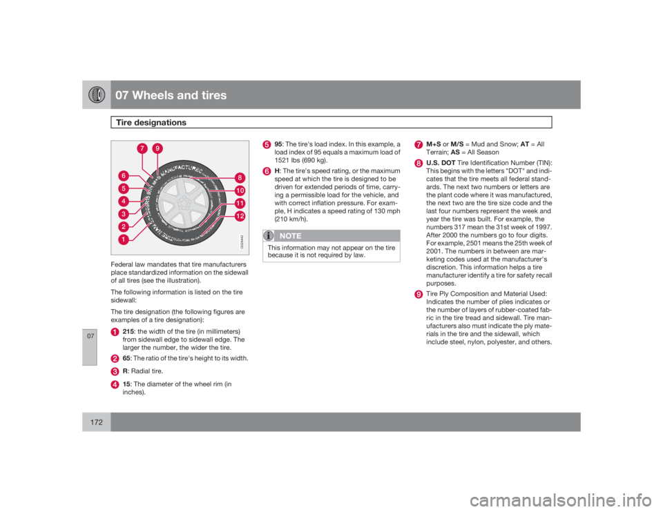 VOLVO XC90 2009 Owner´s Manual 07 Wheels and tiresTire designations
07172
123456
1211108
7
9
G026442
Federal law mandates that tire manufacturers
place standardized information on the sidewall
of all tires (see the illustration).
T VOLVO XC90 2009 Owner´s Manual 07 Wheels and tiresTire designations
07172
123456
1211108
7
9
G026442
Federal law mandates that tire manufacturers
place standardized information on the sidewall
of all tires (see the illustration).
T