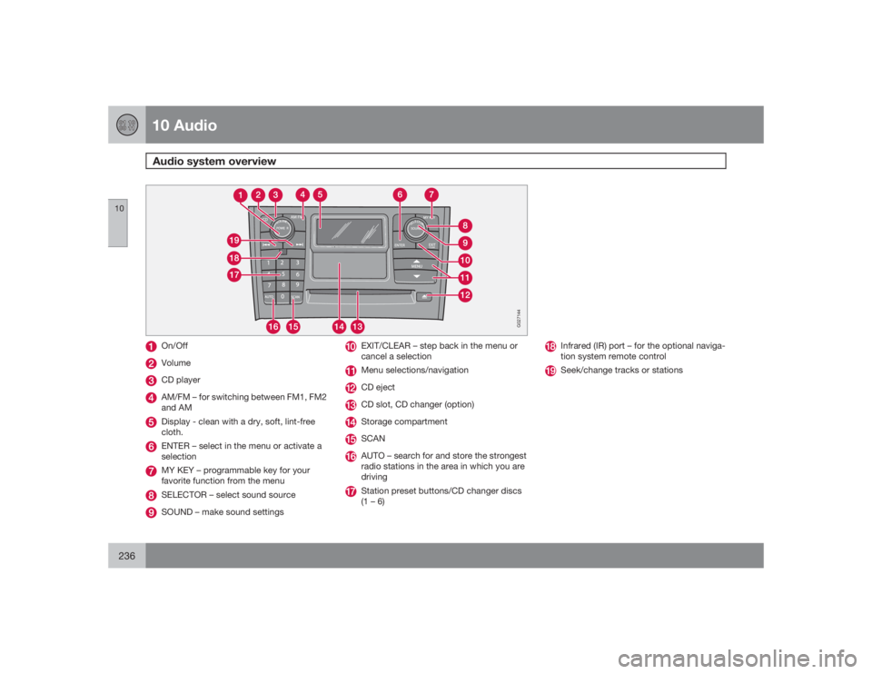 VOLVO XC90 2009  Owner´s Manual 10 AudioAudio system overview
10236
G027144
On/OffVolumeCD playerAM/FM – for switching between FM1, FM2
and AMDisplay - clean with a dry, soft, lint-free
cloth.ENTER – select in the menu or activa