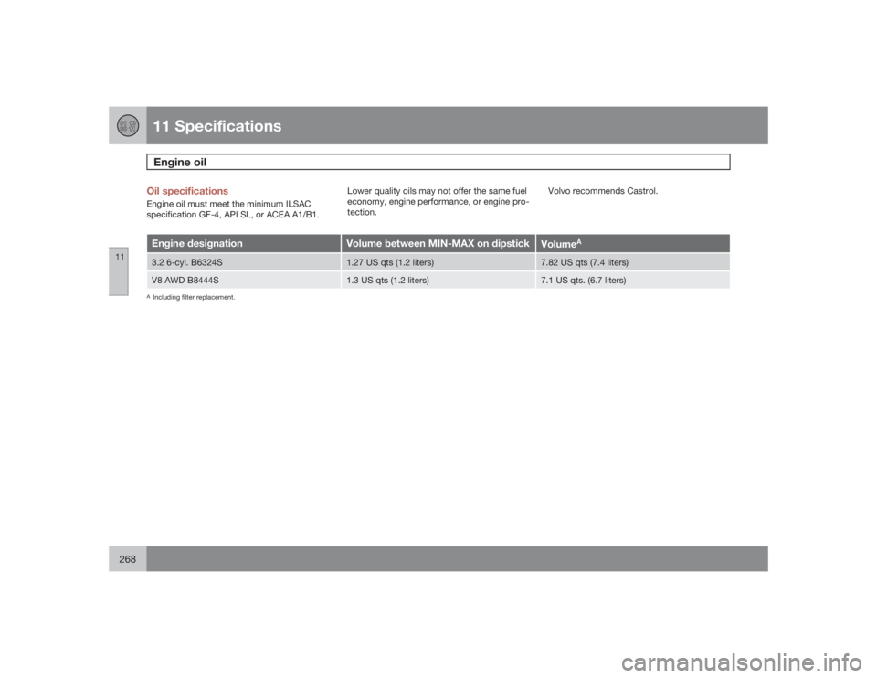 VOLVO XC90 2009  Owner´s Manual 11 SpecificationsEngine oil
11268
Oil specificationsEngine oil must meet the minimum ILSAC
specification GF-4, API SL, or ACEA A1/B1.Lower quality oils may not offer the same fuel
economy, engine perf