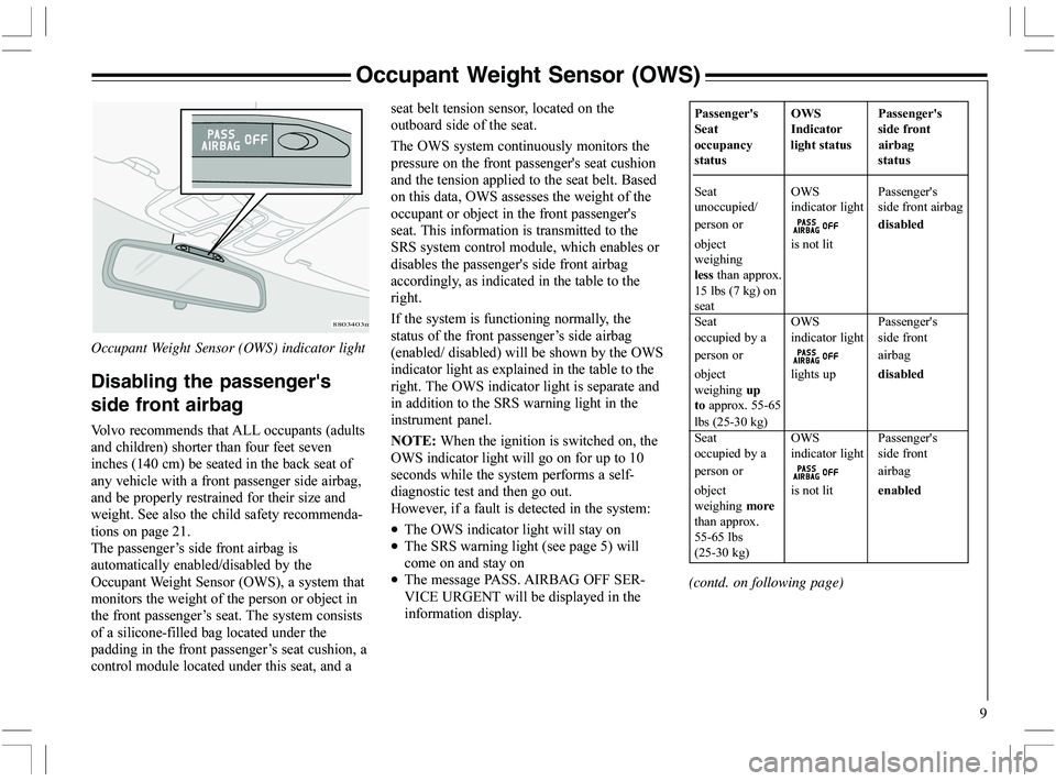 VOLVO XC70 2006  Owner´s Manual 9
Occupant Weight Sensor (OWS)
Occupant Weight Sensor (OWS) indicator light
Disabling the passengers
side front airbag
6	
(GG
	,
	

1	
