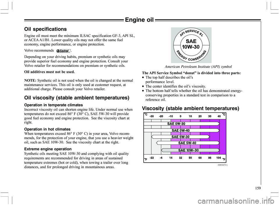 VOLVO XC70 2006  Owner´s Manual 159
Engine oil
Oil specifications
H	G)(5	
B@ -(9)G
(5H((%$<%
G
	
	

  
  