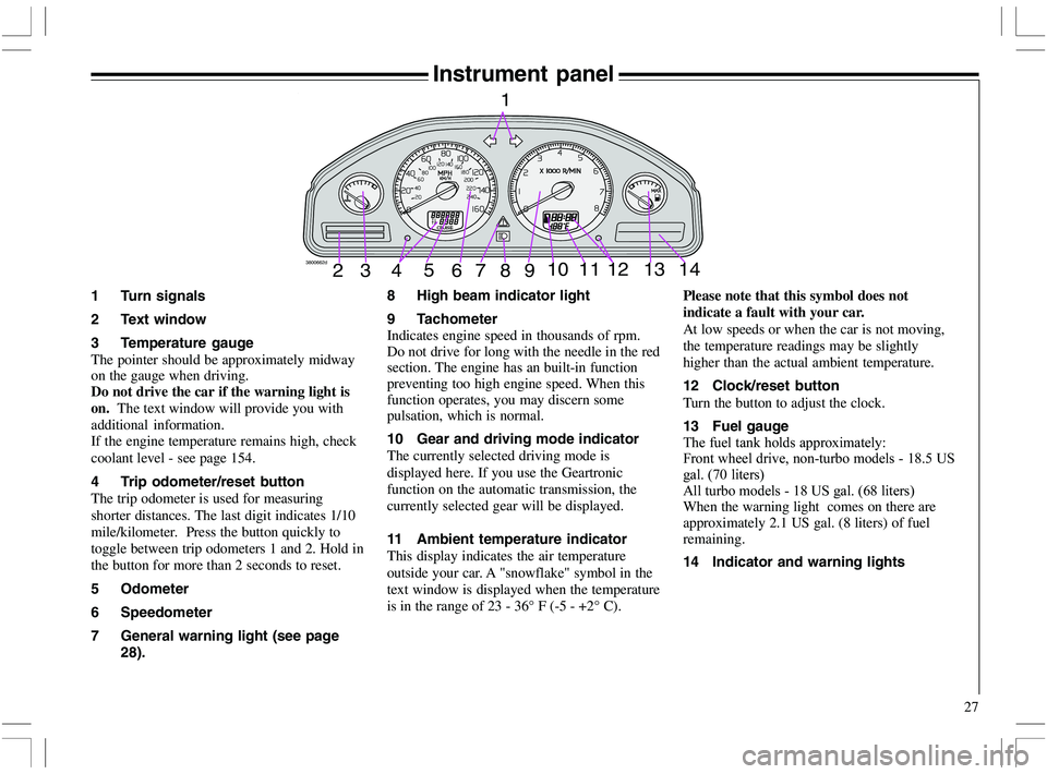 VOLVO XC70 2006  Owner´s Manual 
27
Instrument panel
1 Turn signals
2 Text window
3 Temperature gauge
The pointer should be approximately midway
on the gauge when driving.
Do not drive the car if the warning light is
on.  The text w