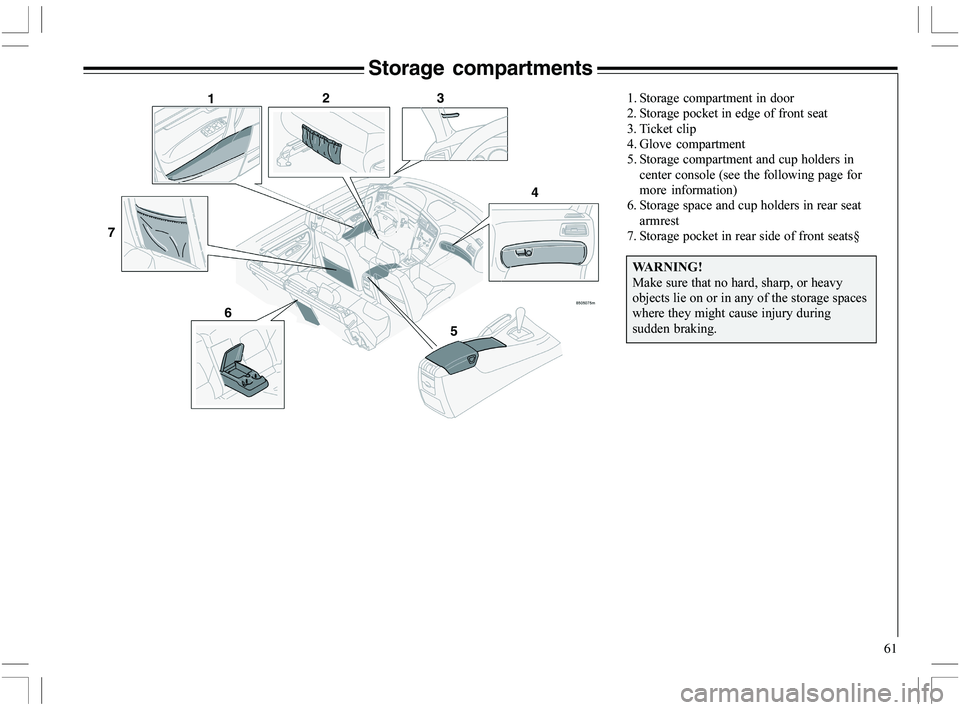 VOLVO XC70 2006  Owner´s Manual 61
Storage compartments

7
	

	


>	
	
	
	

	>
	 

 %
 )
 
 