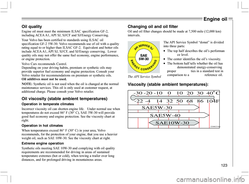 VOLVO C70 CONVERTIBLE 2005  Owner´s Manual 123
Engine oil
Oil quality
?


	235)
B%:")?<" 25C"5C.)%5C.?)
E(	



235)