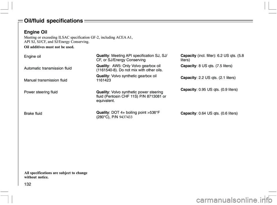 VOLVO C70 CONVERTIBLE 2005  Owner´s Manual 132
Oil/fluid specifications
Quality: Meeting API specification SJ, SJ/
CF, or SJ/Energy Conserving
Quality :  AW5: Only Volvo gearbox oil
(1161540-8). Do not mix with other oils.
Quality : Volvo synt