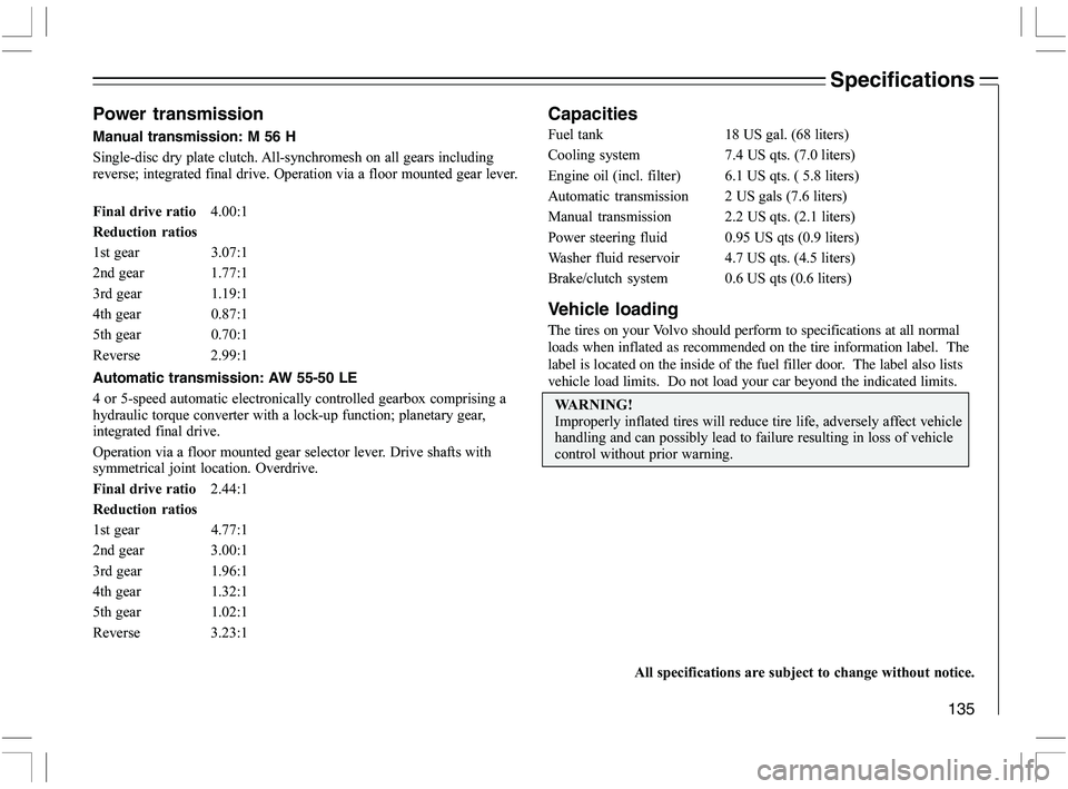 VOLVO C70 CONVERTIBLE 2005  Owner´s Manual 135

\b	

,
		\f
	\f		
 
Specifications
Capacities
%
\f <>5\b\fD

)\b 
 *>5
*+

?\b
 D<>