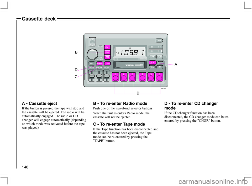 VOLVO C70 CONVERTIBLE 2005  Owner´s Manual 148
A - Cassette eject
2
	



	


	


6
	



	)-
	   

 