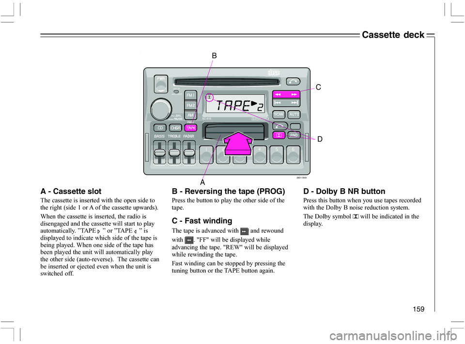 VOLVO C70 CONVERTIBLE 2005  Owner´s Manual 159
B
A
ANTI-THEFTDISC IN
3901184A
D
COMPACT
C
SC-816DOLBY B NR
Cassette deck
B - Reversing the tape (PROG)
 
	




	
	
	

C - Fast winding
	

