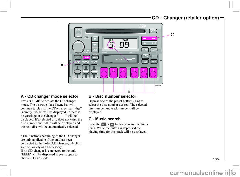 VOLVO C70 CONVERTIBLE 2005  Owner´s Manual 165
CD - Changer (retailer option)
A
ANTI-THEFTDISC IN
B
3901190A
COMPACT
C
SC-816DOLBY B NR
A - CD changer mode selector
 H)FB9I



	)-	
	.



