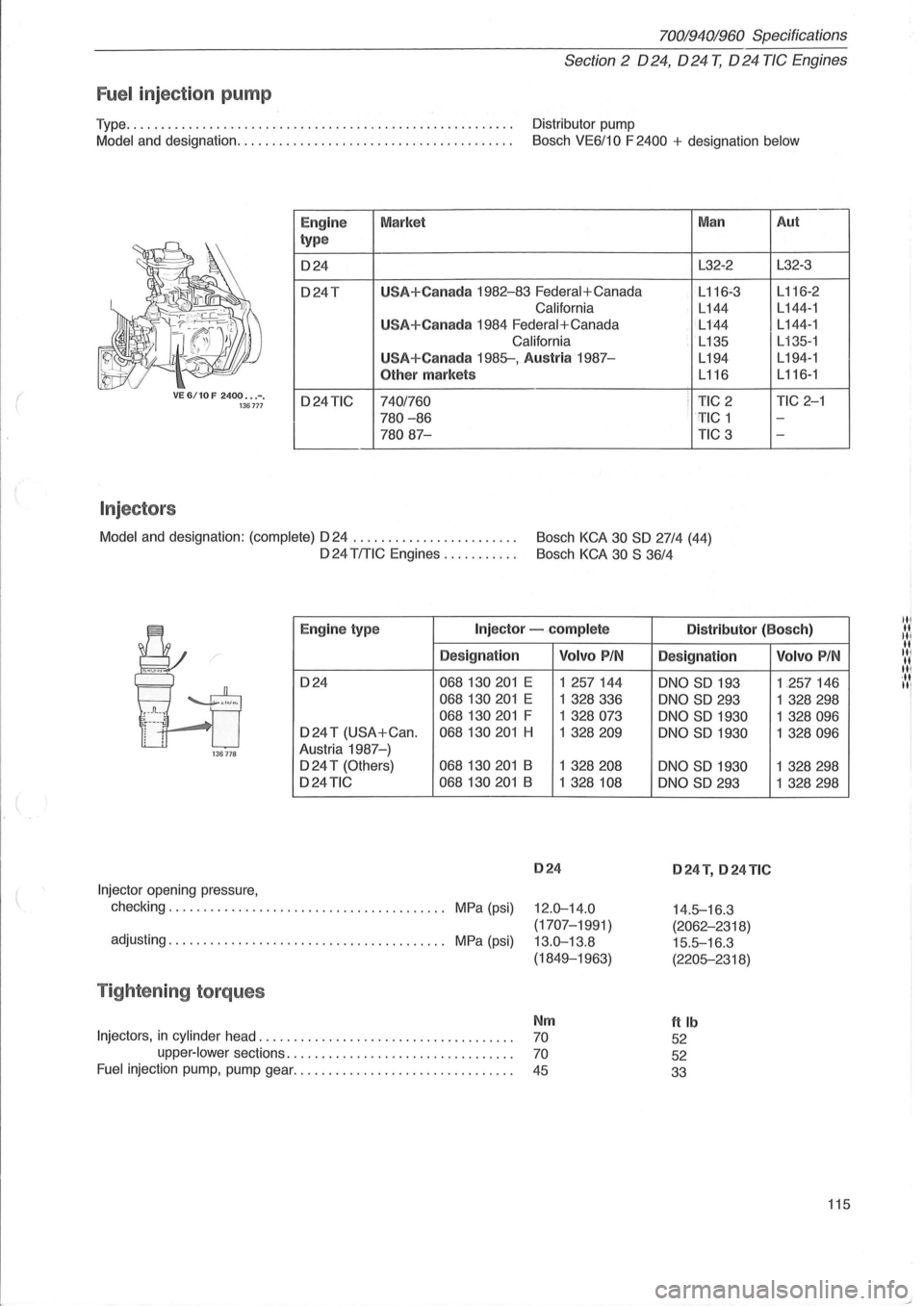 VOLVO 700 1982 Service Repair Manual (
l
70019401960 Specifications
Section
2 024, 024 T, 024 TIC Engines
Fuel inject ion pump
Type ....................................................... . Distributor pump
Model and designatio VOLVO 700 1982 Service Repair Manual (
l
70019401960 Specifications
Section
2 024, 024 T, 024 TIC Engines
Fuel inject ion pump
Type ....................................................... . Distributor pump
Model and designatio