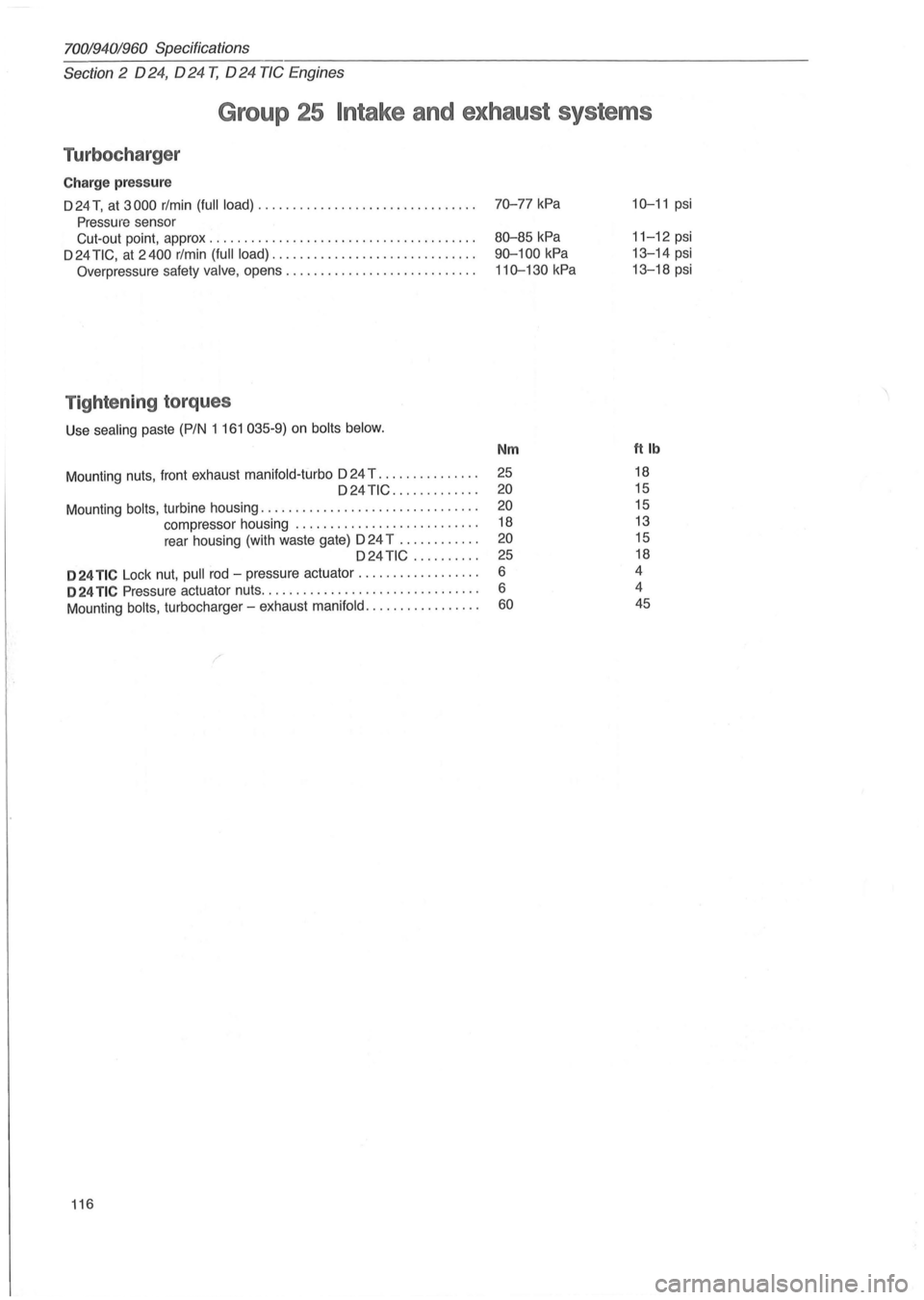 VOLVO 700 1982 Service Repair Manual 70019401960 Specifications
Section
2 024, 024 T, 024 TIC Engines
Group 25 Intake and exhaust systems
Turbocharger
Charge pressure
D 24 T, at 3000 rlmin (full load) .......................... VOLVO 700 1982 Service Repair Manual 70019401960 Specifications
Section
2 024, 024 T, 024 TIC Engines
Group 25 Intake and exhaust systems
Turbocharger
Charge pressure
D 24 T, at 3000 rlmin (full load) ..........................