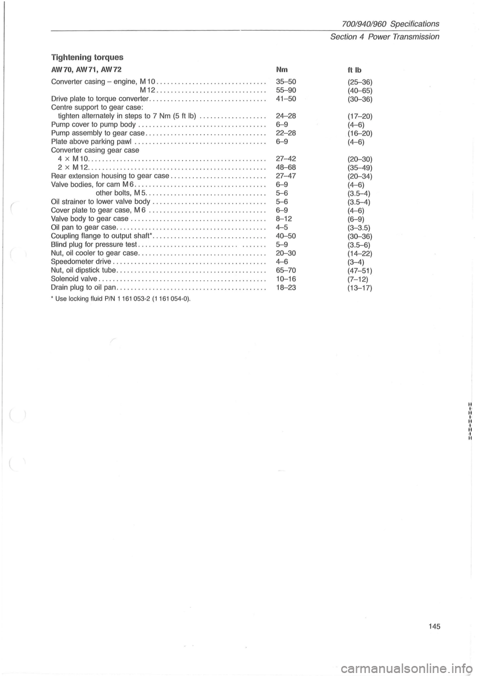 VOLVO 700 1982  Service Repair Manual ( 
( 
Tightening torques 
AW70, AW71,  AW72 
Converter  casing -engine,  M 10 ...................... .. ...... . 
M12 .................. ......... .. . . 
Drive  plate 
to torque  converter ..........