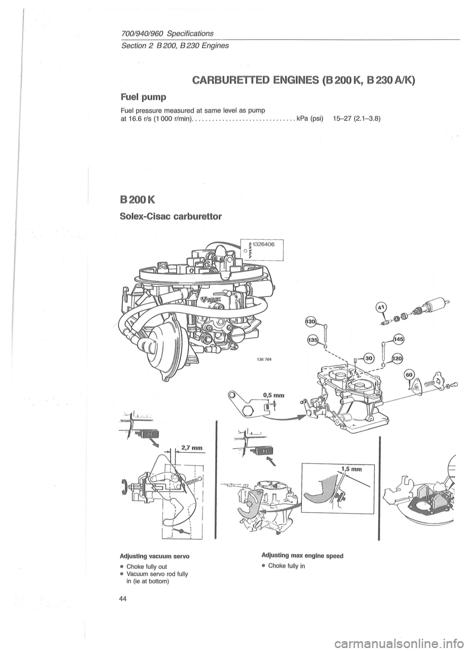 VOLVO 700 1982  Service Service Manual 70019401960 Specifications 
Section 2 B 200, B 230 Engines 
CARBURETTED ENGINES ( B 200 K , B 230 AlK ) 
Fuel pump 
Fuel pressure  measured  at same level as pump 
at 16.6 rls (1 000 r/min)  .........