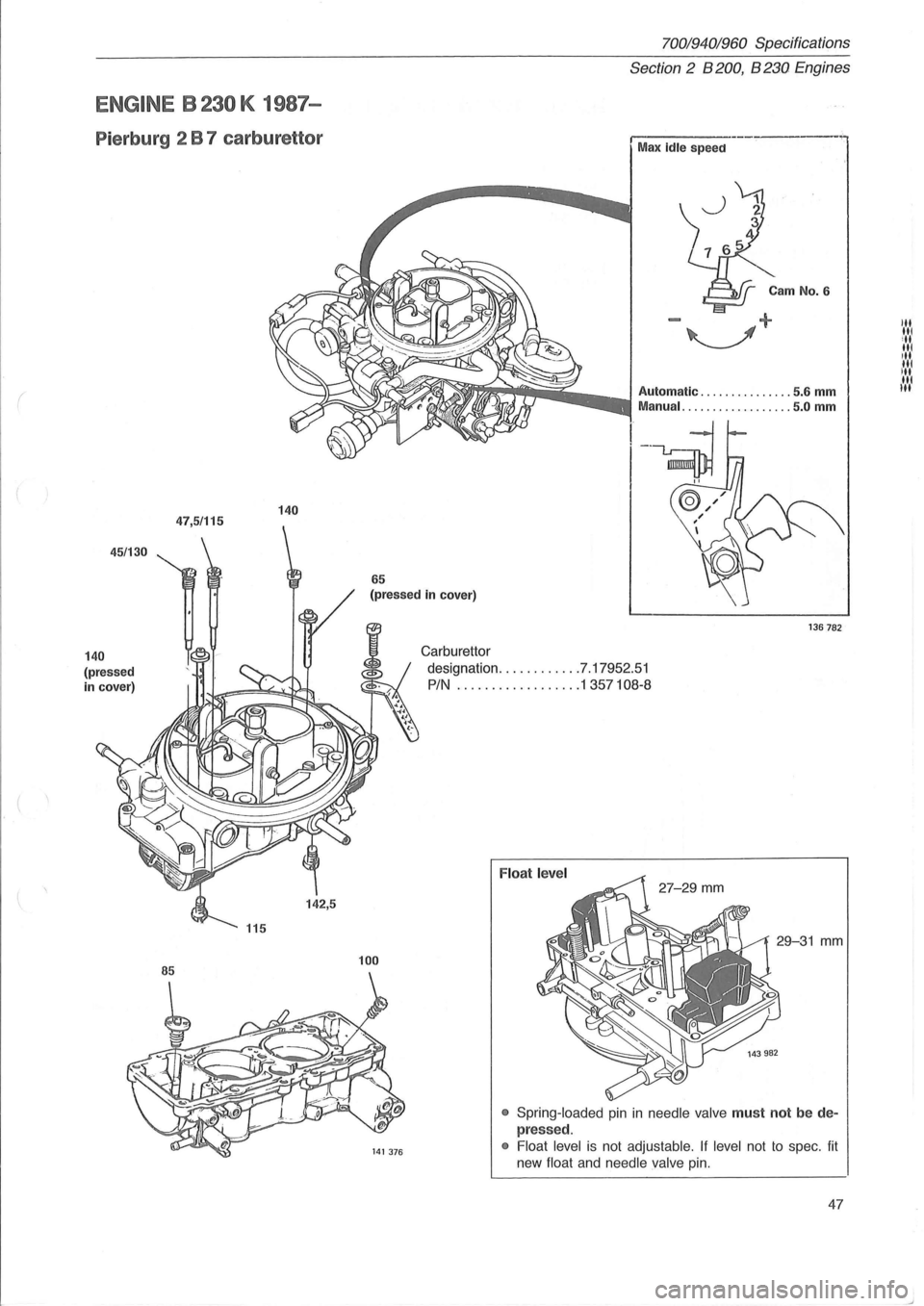 VOLVO 700 1982  Service Service Manual ( 
ENGINE B 230 K 1987-
Pierburg  2 B 7 carburettor 
45/130 
140 
(pressed 
in  cover) 
47,5/115 140 
142,5 
70019401960 Specifications 
Section 2 B 200, B 230 Eng ines 
I ----. -----, Max Idle speed 