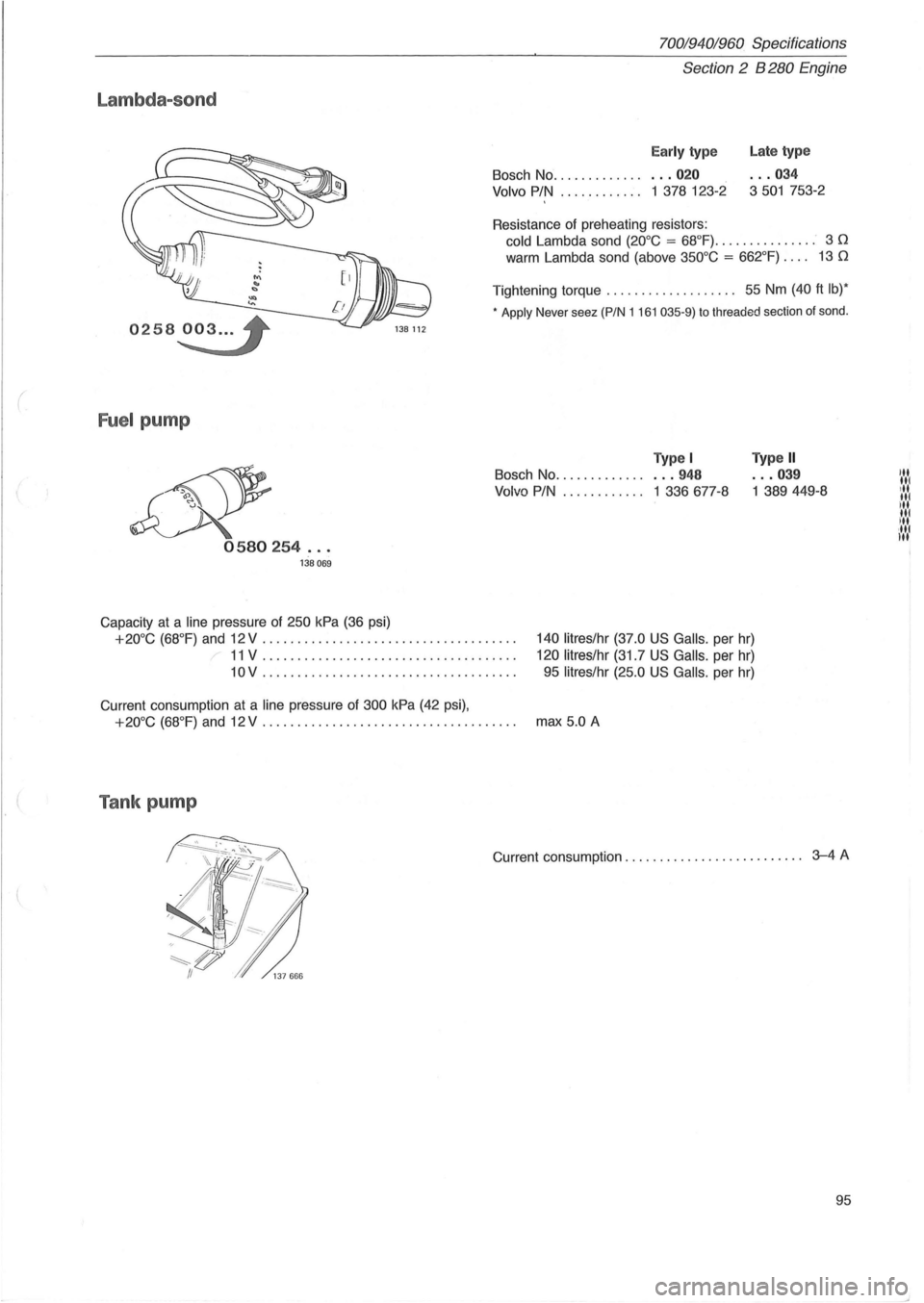 VOLVO 700 1982 Service Owners Manual ( ,
Lambda-sond
0258~ 138 112
Fuel pump
& 0580254 ... 138069
Capacity at a line pressure of 250 kPa (36 psi)
70019401960 Specifications
Section 2 B 280 Engine
Early type
Bosch No ........ VOLVO 700 1982 Service Owners Manual ( ,
Lambda-sond
0258~ 138 112
Fuel pump
& 0580254 ... 138069
Capacity at a line pressure of 250 kPa (36 psi)
70019401960 Specifications
Section 2 B 280 Engine
Early type
Bosch No ........