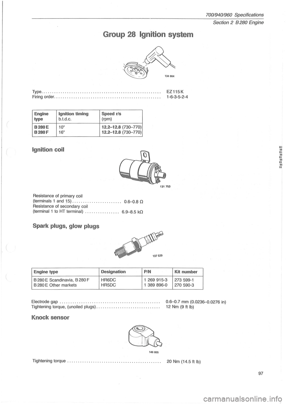 VOLVO 700 1982 Service Owners Manual Group 28 Ignition system
~
~~ ~ 134864
Type ....................................................... .
EZ115K
1-6 -3-5 -2 -4
Firing
order ................................................. .
E VOLVO 700 1982 Service Owners Manual Group 28 Ignition system
~
~~ ~ 134864
Type ....................................................... .
EZ115K
1-6 -3-5 -2 -4
Firing
order ................................................. .
E