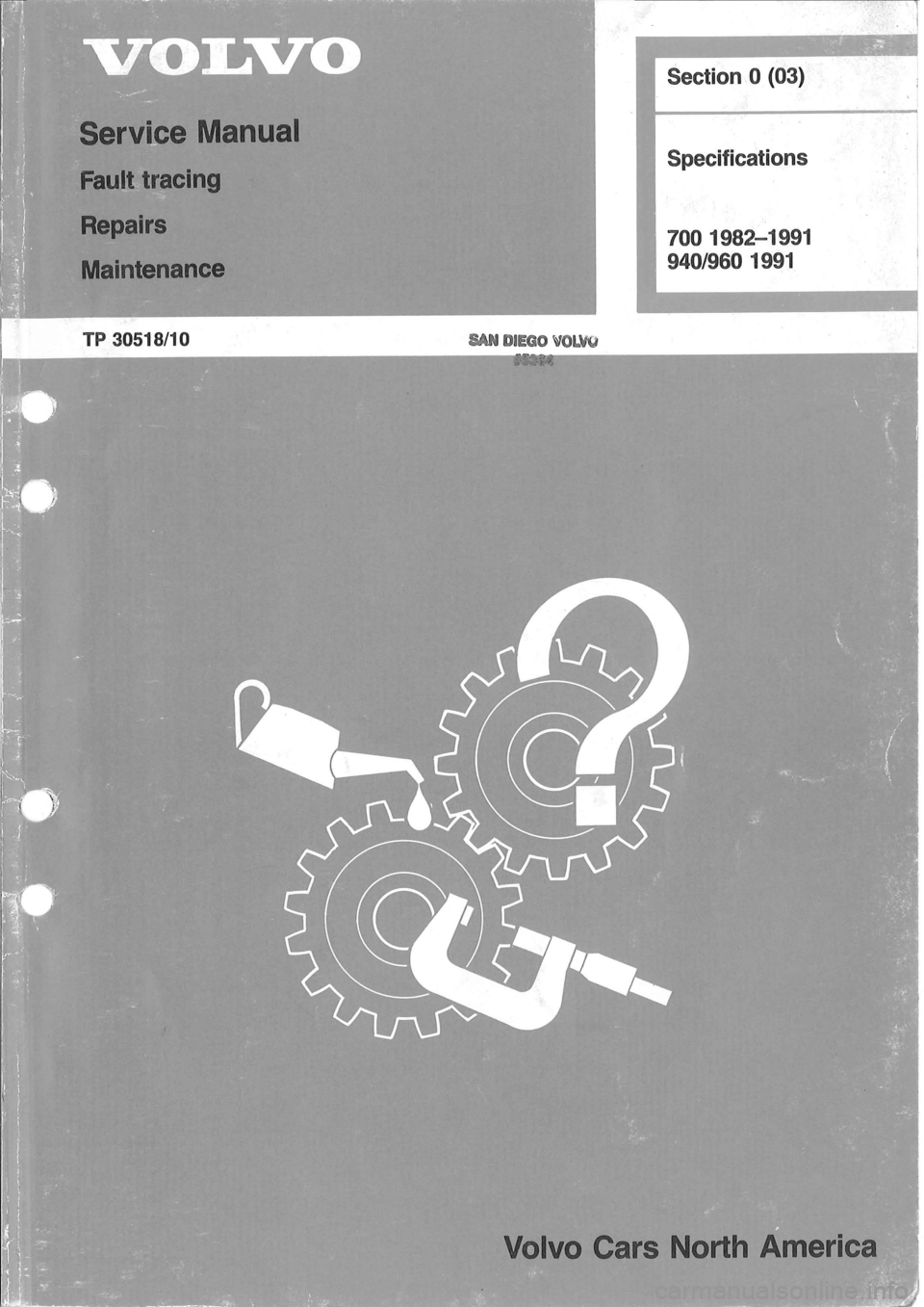 VOLVO 940 1982  Service Repair Manual TP 30518/10 SAN DIEGO \OLVO 
Specifications 
700 1982-1991 
940/960 1991 
Volvo Cars North America  