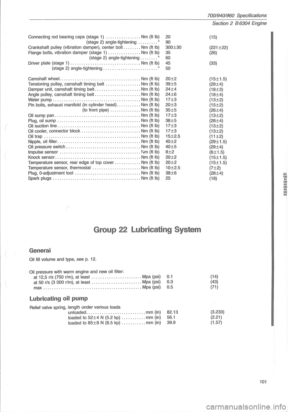 VOLVO 940 1982  Service Repair Manual ( 
Connecting rod bearing caps (stage 1) ................ Nm (ft Ib) 
(stage 2) angle-tightening ......... 0 
Crankshaft pulley (vibration  damper), center bolt ........ Nm (ft Ib) 
Flange bolts, vibr