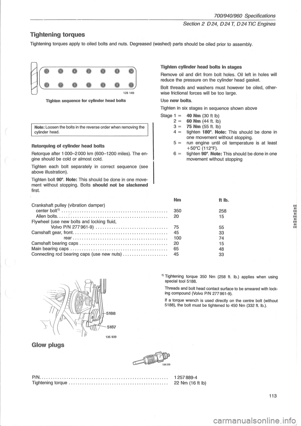 VOLVO 940 1982  Service Repair Manual ( 
70019401960 Specifications 
Section 
2 024, 024 T, 024 TIC  Engines 
Tig ht enin g to rqu es 
Tightening  torques apply to oiled bolts and nuts. Oegreased (washed)  parts should be oiled prior to a