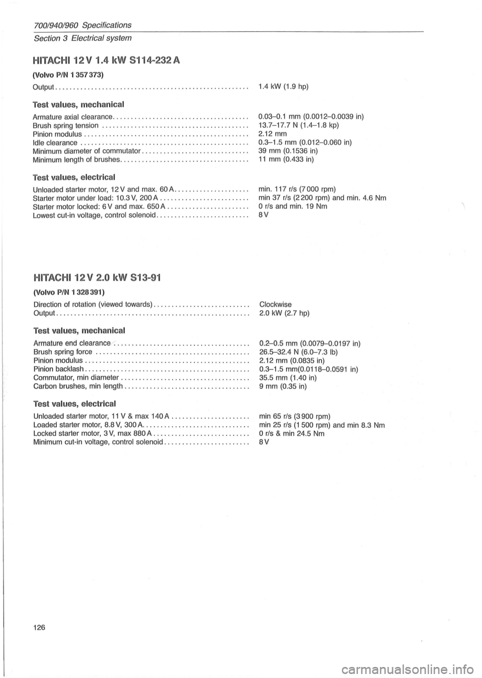 VOLVO 940 1982  Service Repair Manual 70019401960 Specifications 
Section 
3 Electrical  system 
HITACHI 12 V 1.4 kW  5114-232  A 
(Volvo PIN 1 357373) 
Output . . . . . . . . .  . . .  . . .  . . . . . .  . . . .  . . . . .  . . . .  . .