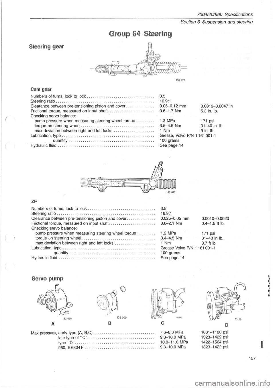 VOLVO 940 1982 Service Repair Manual (
70019401960 Specifications
Section 6 Suspension and steering
Group 64 Steering
Steeri ng gear
Cam gear
Numbers of turns, lock to lock ...................... .......... .
Steering ratio .
.. VOLVO 940 1982 Service Repair Manual (
70019401960 Specifications
Section 6 Suspension and steering
Group 64 Steering
Steeri ng gear
Cam gear
Numbers of turns, lock to lock ...................... .......... .
Steering ratio .
..