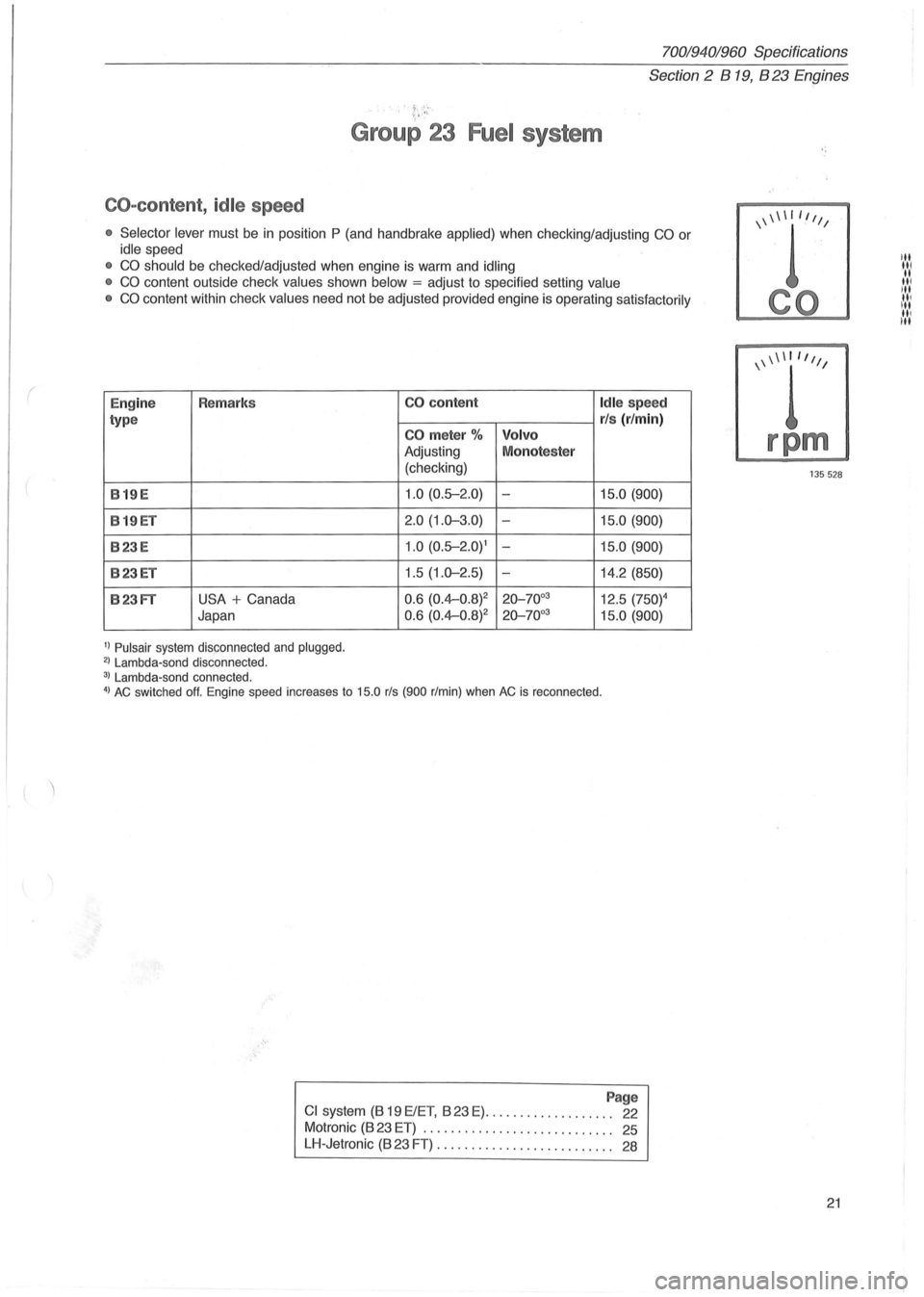 VOLVO 940 1982  Service Owners Manual ( 
70019401960 Specifications 
Section 2 B 19, B 23 Engines 
Group  23 Fuel system 
CO-content , idle speed 
•  Selector  lever must be in position P (and  handbrake applied) when  checking/adjustin