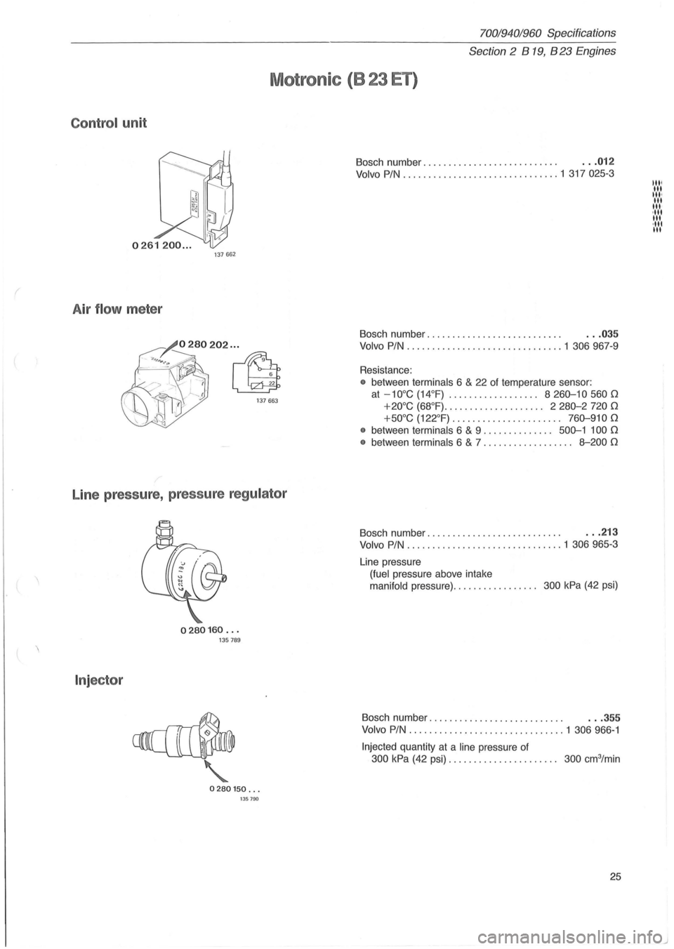 VOLVO 940 1982  Service Repair Manual ( 
 
 
70019401960 Specifications 
Section 2  B 19, B 23 Engines 
Motronic (B 23 ET) 
Control unit 
0261200 ... 137  662 
Air flow meter 
Line  pressure,  pressure regulator 
Injector 
0280160 ... 135