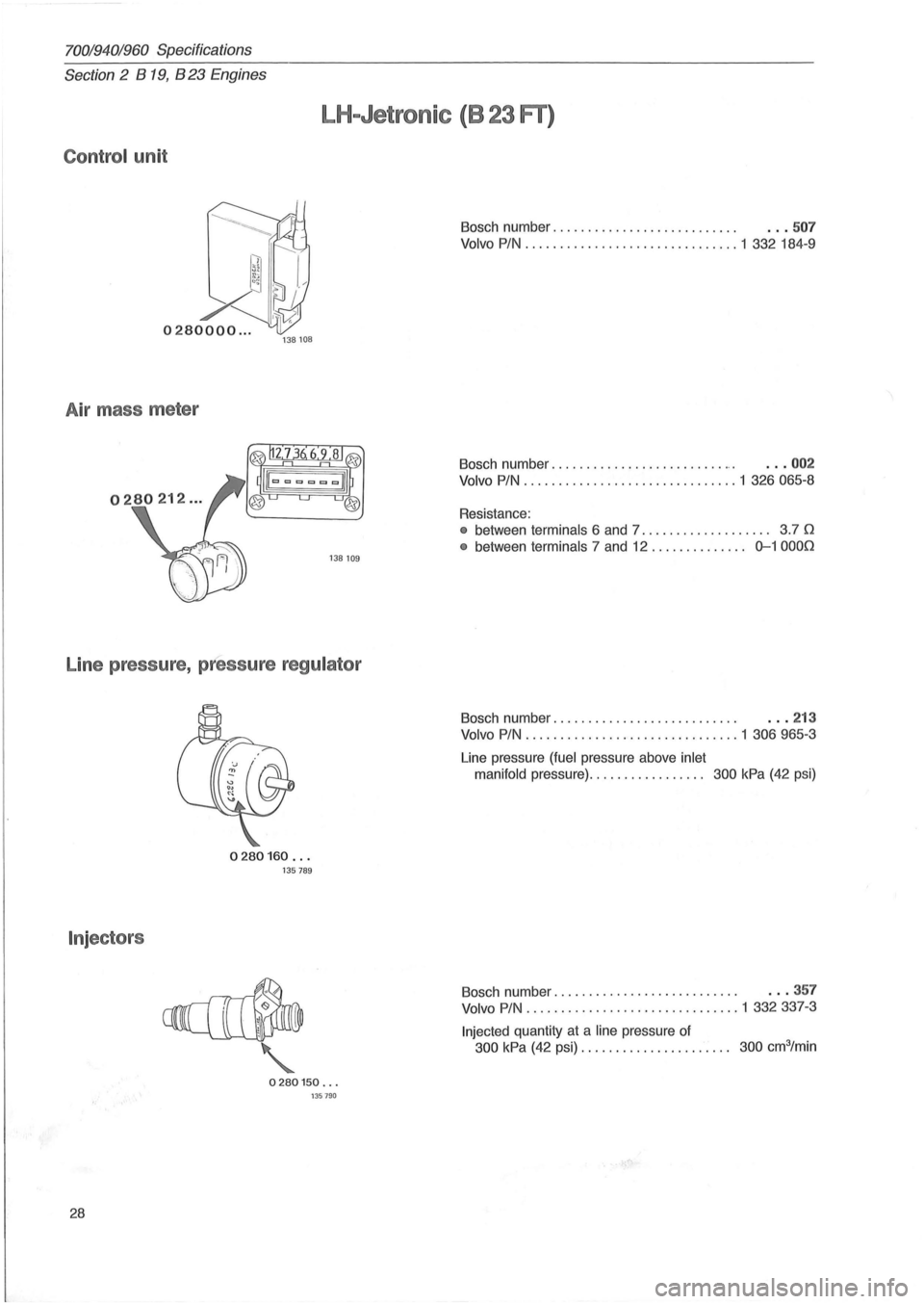 VOLVO 940 1982  Service Repair Manual 70019401960 Specifications 
Section 
2 B 19, B 23 Engines 
LH-Jetronic (823 FT) 
Control unit 
Bosch  number . . . . .  . . .  . .  . . . . .  . . .  . . .  . . .  . . .  . .. 507 
Volvo PIN .........