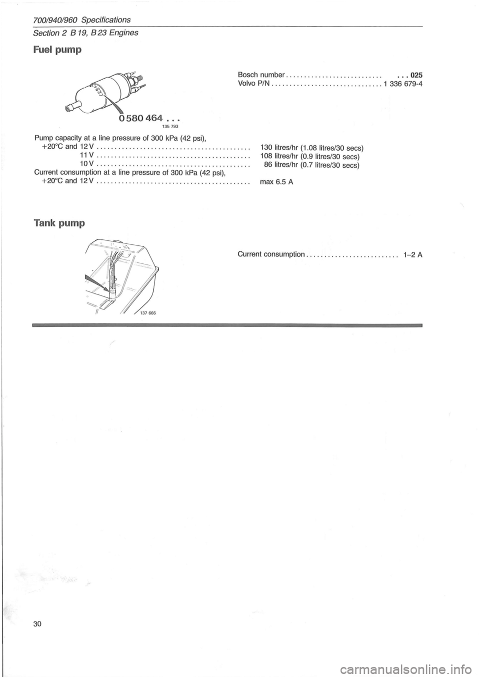 VOLVO 940 1982  Service Repair Manual 70019401960 Specifications 
Section 2 B 19, B 23 Engines 
Fuel pump 
~ 
Bosch number.  . . .  . . . . .  . . .  . .  . . . .  . . .  . . . . . .  . .. 025 
Volvo PIN ....... ................. ..... ..