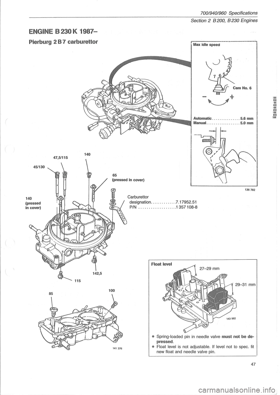 VOLVO 940 1982  Service Service Manual ( 
ENGINE B 230 K 1987-
Pierburg  2 B 7 carburettor 
45/130 
140 
(pressed 
in  cover) 
47,5/115 140 
142,5 
70019401960 Specifications 
Section 2 B 200, B 230 Eng ines 
I ----. -----, Max Idle speed 