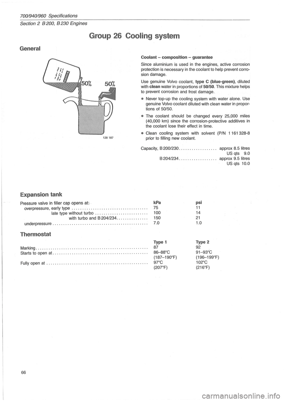 VOLVO 940 1982  Service Repair Manual 70019401960 Specifications 
Section 2  B 200, B 230 Engines 
General 
Expansion  tank 
Group 26 Cooling system 
128187 
Coolant -composition  -guarantee 
Since  aluminium is used in the  engines,  act