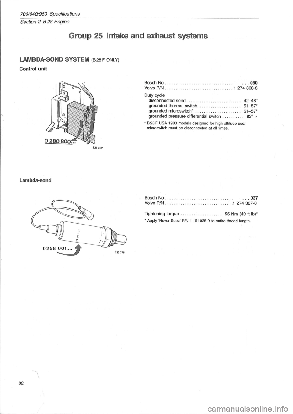 VOLVO 940 1982  Service Manual Online 70019401960 Specifications 
Section 
2 B 28 Engine 
Group  25 Intake and exhaust  systems 
LAMBDA-SOND  SYSTEM (B28F ONLY) 
Control unit 
135 202 
Lambda-sond 
82 
Bosch No . . . .  . .  . . . . .  . 