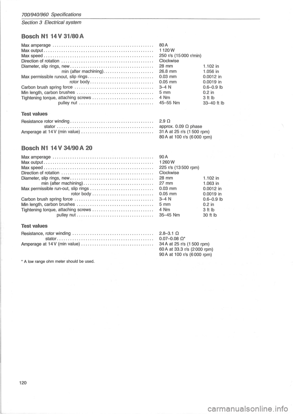 VOLVO 960 1982 Service Repair Manual 70019401960 Specifications
Section 3 Electrical system
Bosch N1 14 V 31/S0A
Max amperage ............................................. .
Max output
............................................. VOLVO 960 1982 Service Repair Manual 70019401960 Specifications
Section 3 Electrical system
Bosch N1 14 V 31/S0A
Max amperage ............................................. .
Max output
.............................................