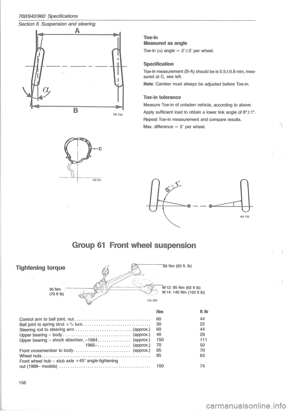 VOLVO 960 1982 Service Repair Manual 70019401960 Specifications
Section
6 Suspension and steering
A
Toe-in
Meas ured as ang le
Toe -in (<X) angle = 2±3 per wheel.
----------.-.--..---Spec ificat ion
Toe-in measurement (B-A) VOLVO 960 1982 Service Repair Manual 70019401960 Specifications
Section
6 Suspension and steering
A
Toe-in
Meas ured as ang le
Toe -in (<X) angle = 2±3 per wheel.
----------.-.--..---Spec ificat ion
Toe-in measurement (B-A)