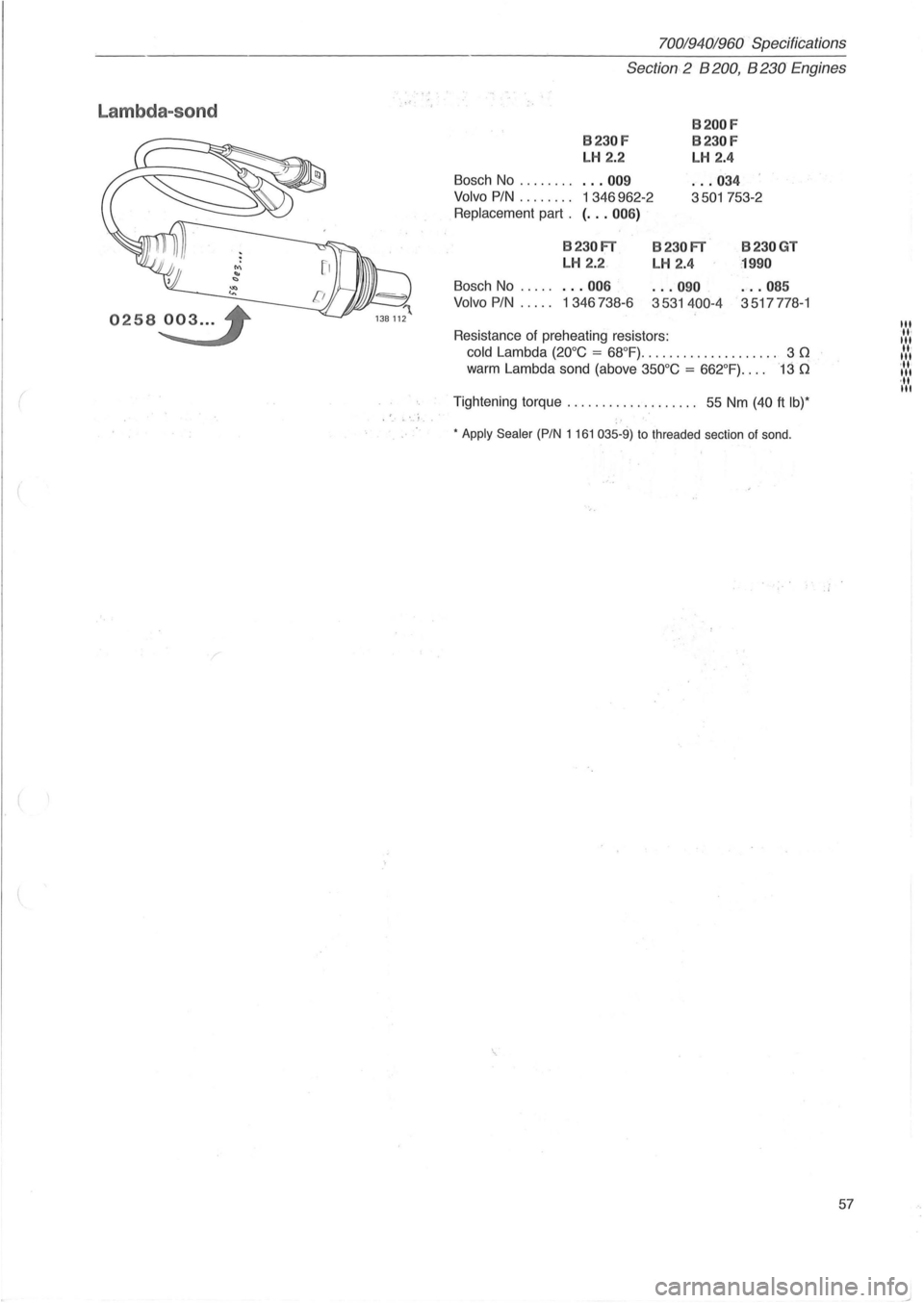 VOLVO 960 1982  Service Repair Manual Lambda-sond 
0258~3 ...  
( 
_.J • • 
70019401960 Specifications 
Section 2 B 200, B 230 Engines 
8230F 
LH  2.2 
Bosch 
No .  . .  . . . .. . .. 009 
Volvo PIN . . . . .  . .. 1 346962-2 
Replac