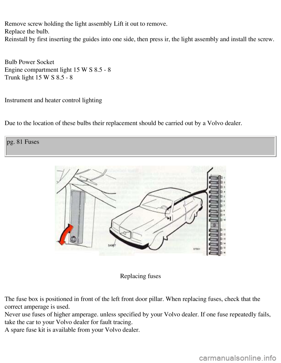 VOLVO 240 1990 Owners Manual
Volvo 1990 240 Model
Remove screw holding the light assembly Lift it out to remove.
Replace the bulb.
Reinstall by first inserting the guides into one side, then press ir, th\
e light assembly VOLVO 240 1990 Owners Manual
Volvo 1990 240 Model
Remove screw holding the light assembly Lift it out to remove.
Replace the bulb.
Reinstall by first inserting the guides into one side, then press ir, th\
e light assembly