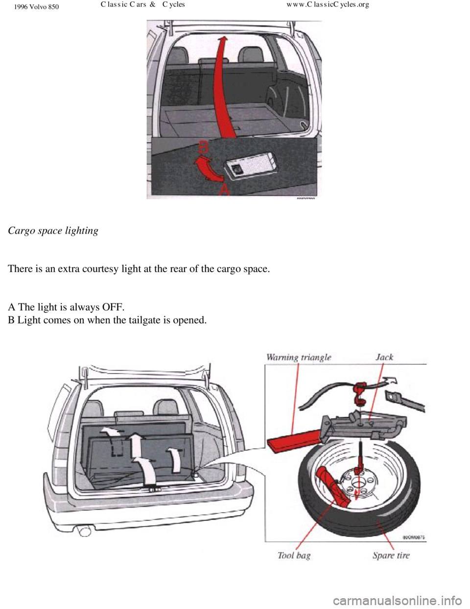 VOLVO 850 1996  Owners Manual 
1996 Volvo 850
 
Cargo space lighting 
 
There is an extra courtesy light at the rear of the cargo space. 
 
A The light is always OFF.  
B Light comes on when the tailgate is opened. 
 
file:///K|/o